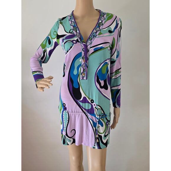 Emilio Pucci Purple Multicolor Signature Print long-sleeved dress 10 sz - Picture 2 of 16